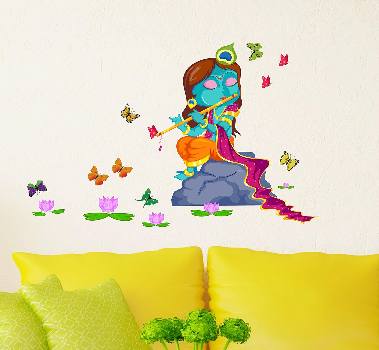 Lord Krishna with Flute in Butterfly Background-Decals Design Store-Stumbit Wall Sticker